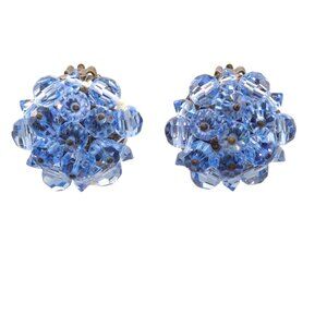 Blue Crystal Bead Cluster Earrings, Vintage Faceted Clip Ons, Sparkle and Shine